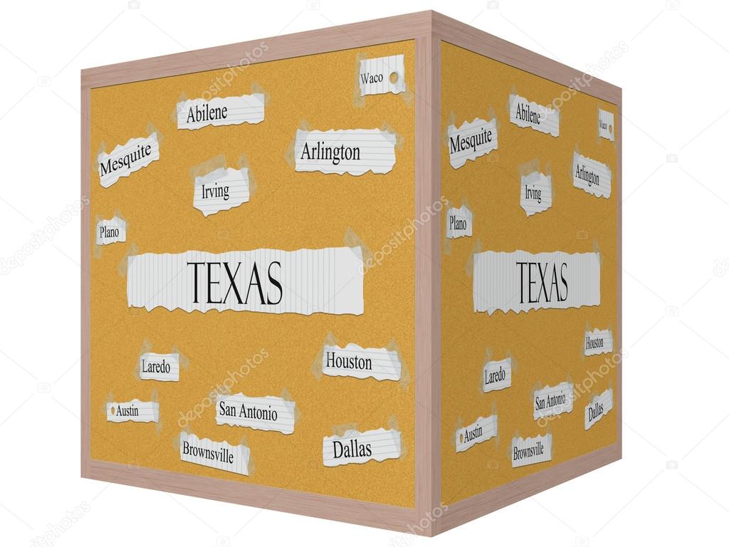 Texas State 3D cube Corkboard Word Concept