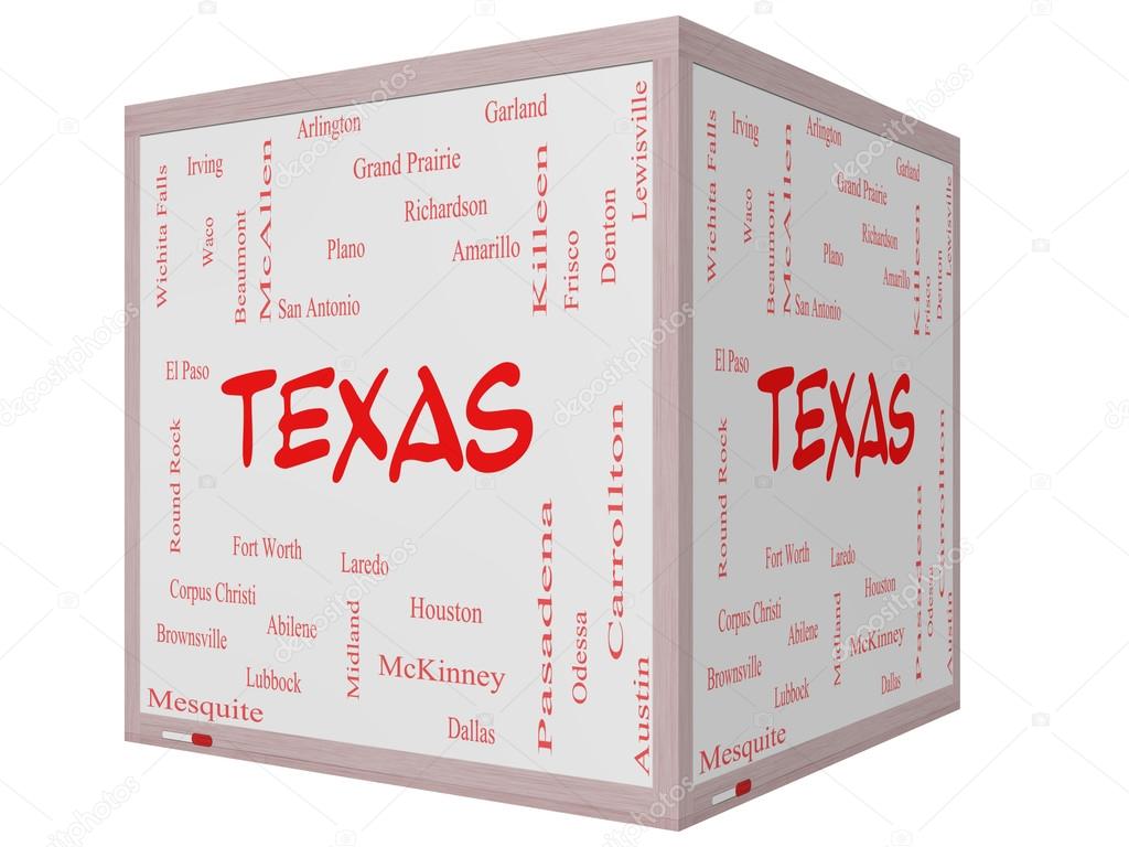 Texas State Word Cloud Concept on a 3D cube Whiteboard