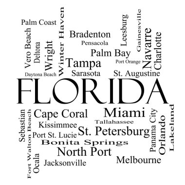 Florida State Word Cloud Concept in black and white clipart
