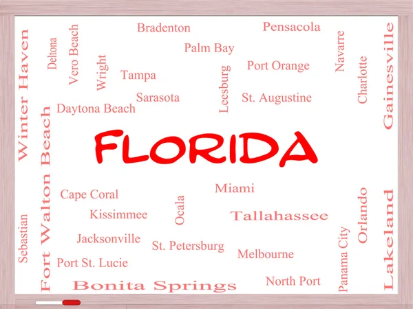 Florida state word cloud concept auf einem Whiteboard — Stockfoto