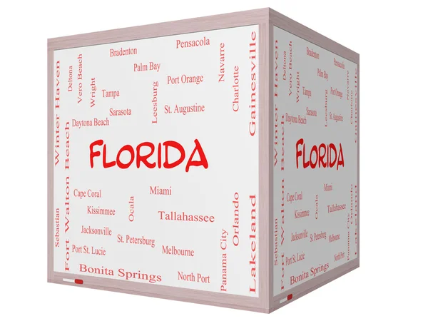 Florida State Word Cloud Concept på en 3D terning Whiteboard - Stock-foto