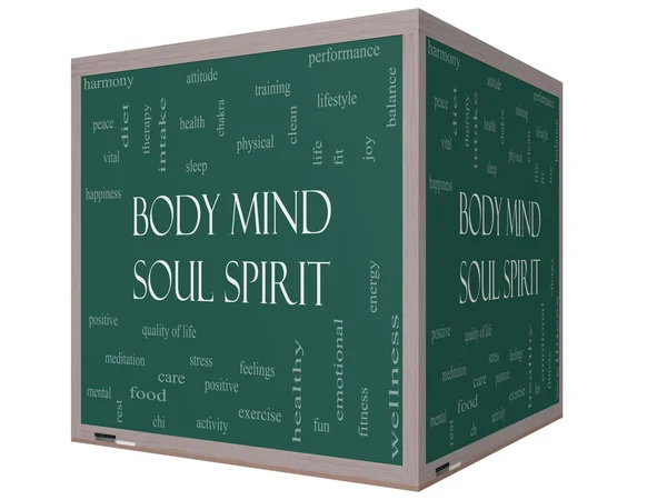 Kropp sinne själ ande ordet moln koncept på en 3d cube svart tavla — Stockfoto