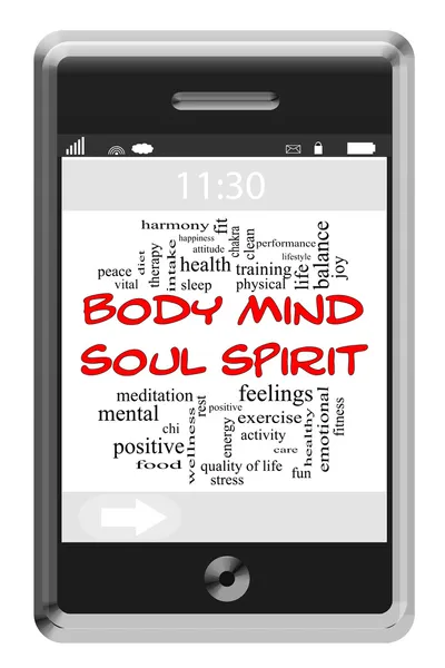 Body Mind Soul Spirit Word Cloud Concept on Touchscreen Phone — Stock Photo, Image