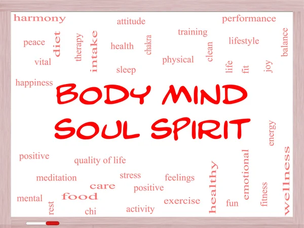 Body Mind Soul Spirit Word Cloud Concept on a Whiteboard — Stock Photo, Image