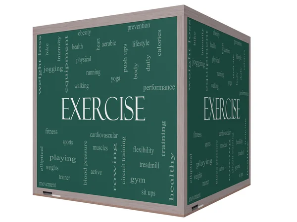 Exercise Word Cloud Concept on a 3D cube Blackboard — Stock Photo, Image