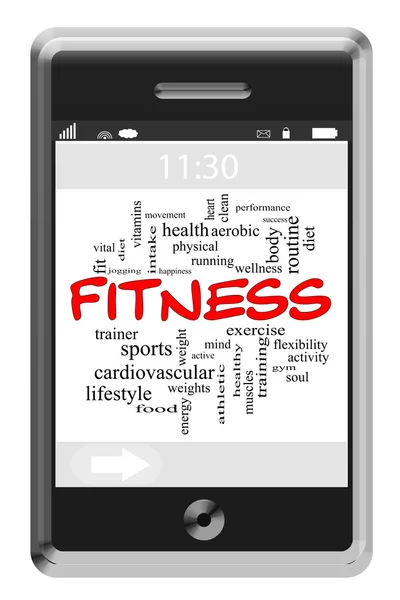 Fitness-Wort-Cloud-Konzept auf Touchscreen-Handy — Stockfoto
