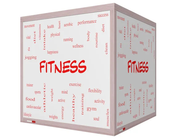 Fitness Word Cloud Concept on a 3D cube Whiteboard — Stock Photo, Image