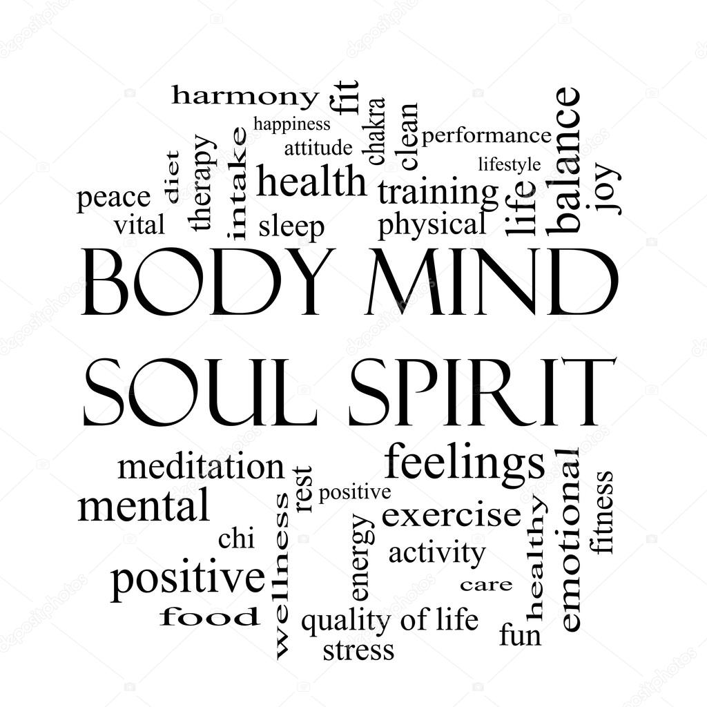 Body Mind Soul Spirit Word Cloud Concept in black and white