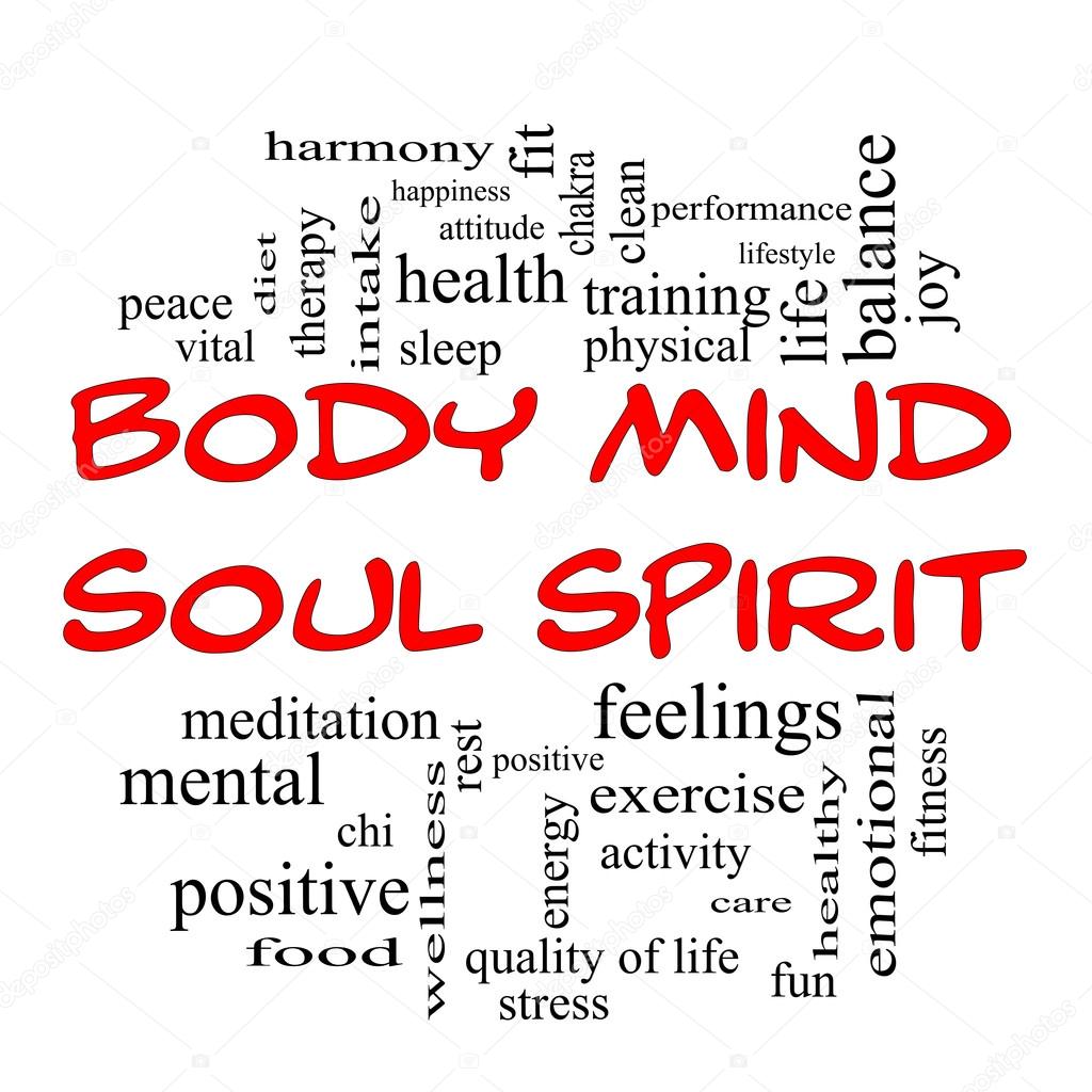 Body Mind Soul Spirit Word Cloud Concept in red caps