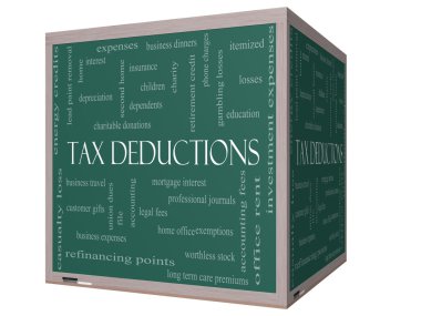 Tax Deductions Word Cloud Concept on a 3D cube Blackboard clipart