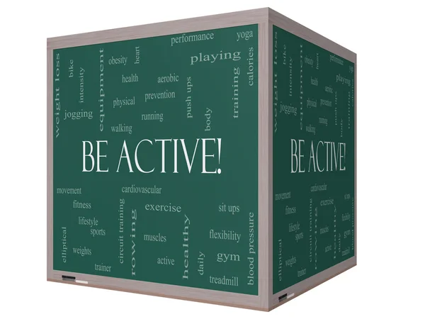 Be Active! Word Cloud Concept on a 3D cube Blackboard — Stock Photo, Image