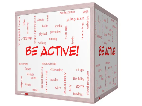 Actief zijn! Word cloud concept op een 3d cube whiteboard — Stockfoto