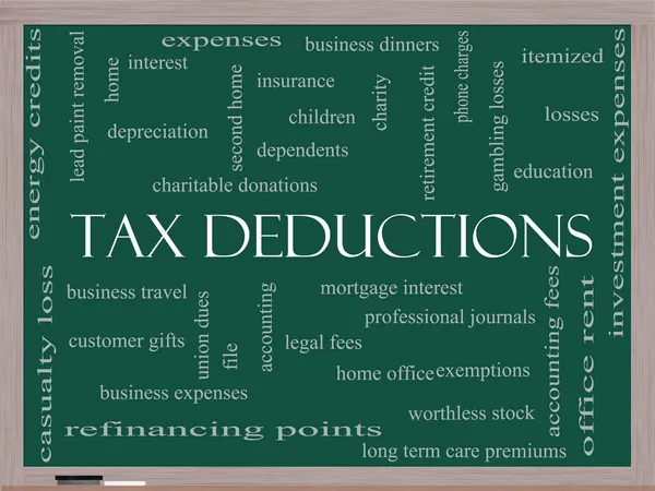 Deducciones fiscales Word Cloud Concept en una pizarra —  Fotos de Stock