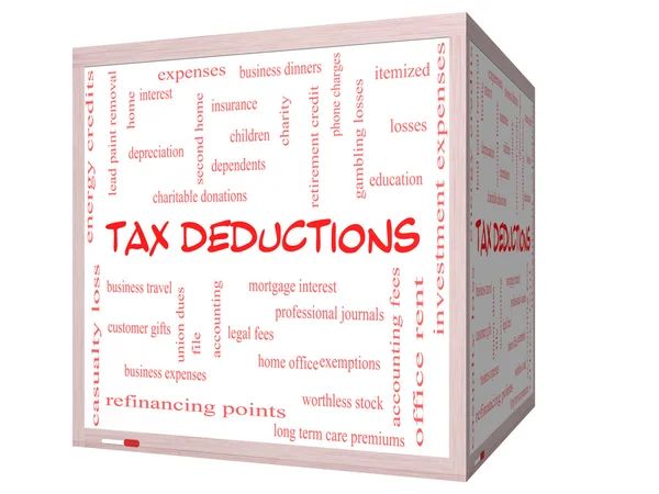 Déductions fiscales Word Cloud Concept sur un tableau blanc de cube 3D — Photo
