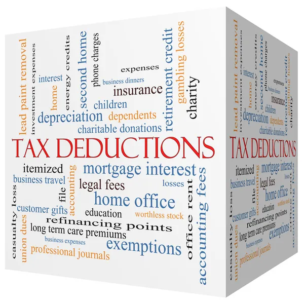 Deducciones fiscales 3D cubo Word Cloud Concept — Foto de Stock