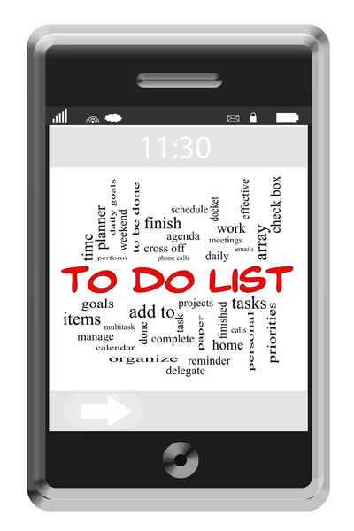 To-do-Liste Word Cloud-Konzept auf Touchscreen-Handy — Stockfoto