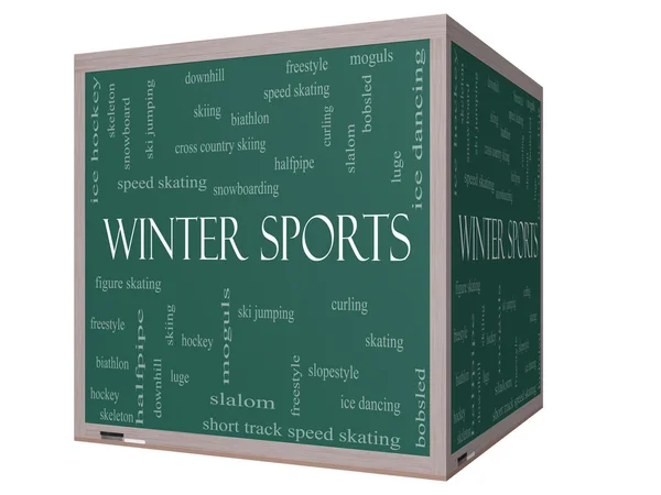 Wintersport woord wolk concept op een 3D-kubus schoolbord — Stockfoto