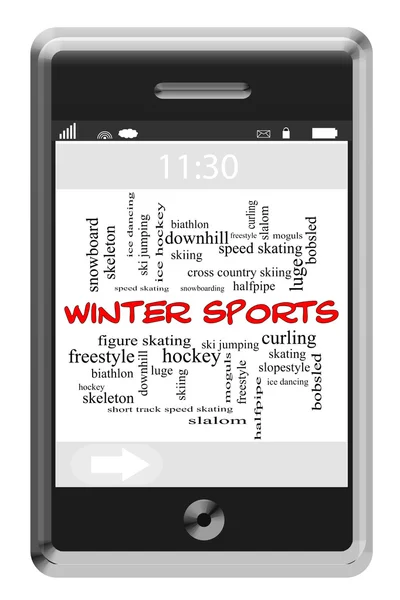 Wintersport Word Cloud-Konzept auf Touchscreen-Handy — Stockfoto