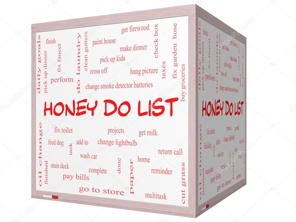 Honey Do List Word Cloud Concept on a 3D cube Whiteboard