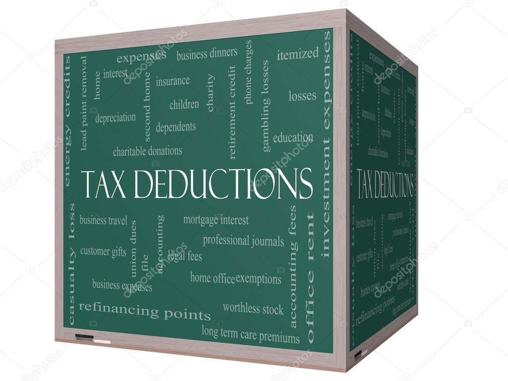 Tax Deductions Word Cloud Concept on a 3D cube Blackboard