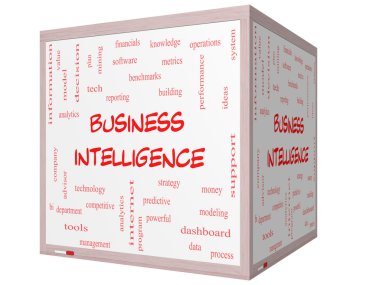 Business Intelligence Word Cloud Concept on a 3D cube Whiteboard