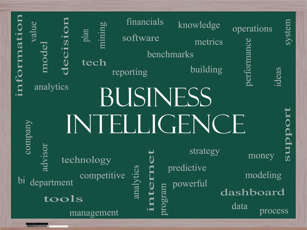 Business Intelligence Word Cloud Concept on a Blackboard