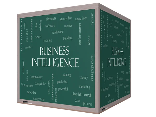 Business intelligentie woord wolk concept op een 3D-kubus schoolbord — Stockfoto