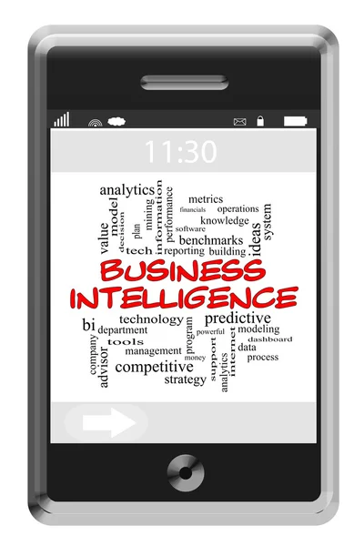 Koncepcja Biznesowa inteligencji słowo chmura na dotykowy telefon — Zdjęcie stockowe