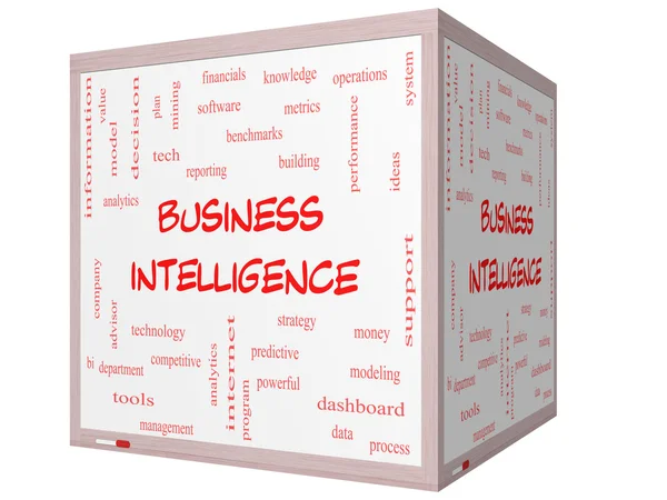 Business Intelligence Word Cloud Concept on a 3D cube Whiteboard — Stock Photo, Image