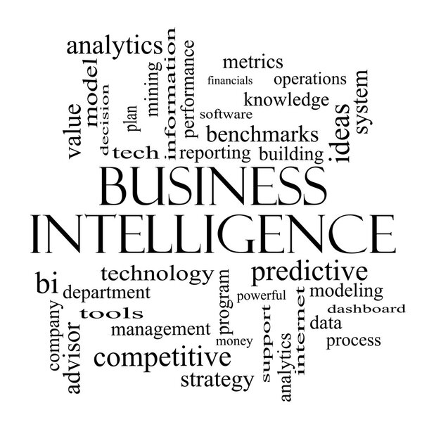 Business Intelligence Word Cloud Concept in black and white