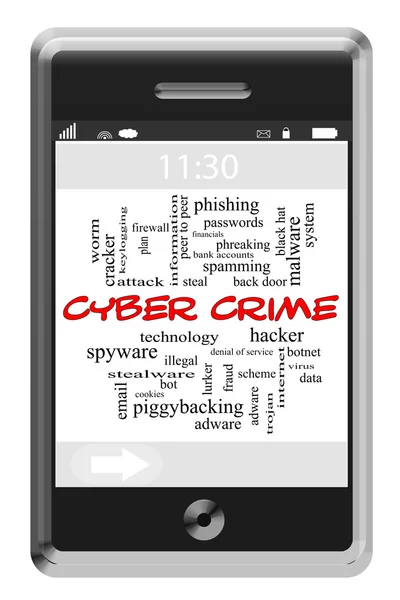 Cyber Crime Word Cloud Concept on Touchscreen Phone — Stock Photo, Image