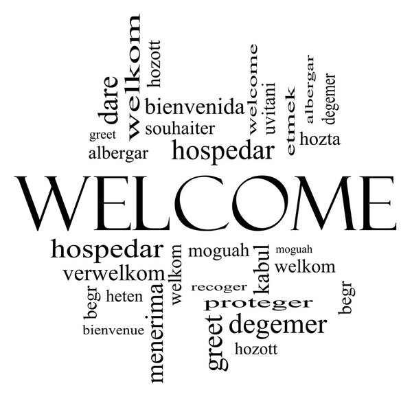 Welcome Foreign Language Word Cloud in black and white