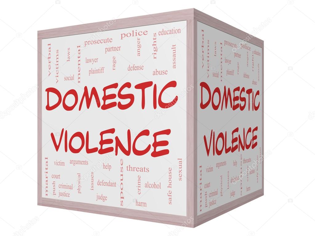 Domestic Violence Word Cloud Concept on a 3D cube Whiteboard