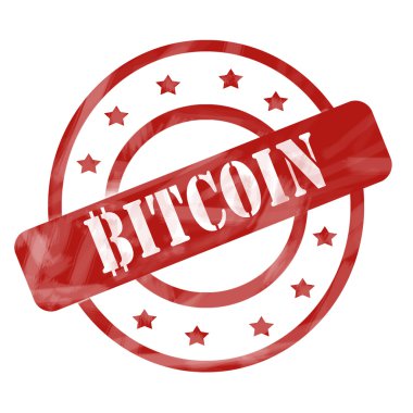 Kırmızı yıpranmış bitcoin pul daireler ve yıldız