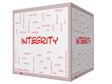 Integrity Word Cloud Concept on a 3D cube Whiteboard clipart