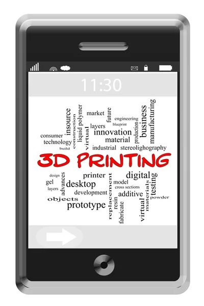 3D-Druck Word Cloud-Konzept auf Touchscreen-Handy — Stockfoto