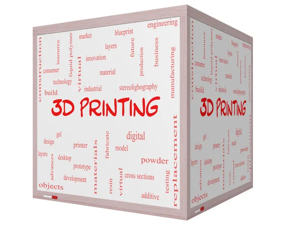 Conceito de nuvem de Word de impressão 3D em um quadro branco de cubo 3D — Fotografia de Stock
