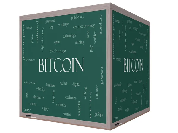 Bitcoin Word Cloud Concept em um painel negro de cubo 3D — Fotografia de Stock