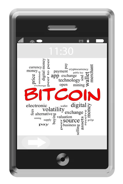 Bitcoin Word Cloud Concept no telefone Touchscreen — Fotografia de Stock