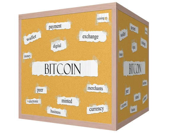 Bitcoin 3D cubo Corkboard Palavra Conceito — Fotografia de Stock