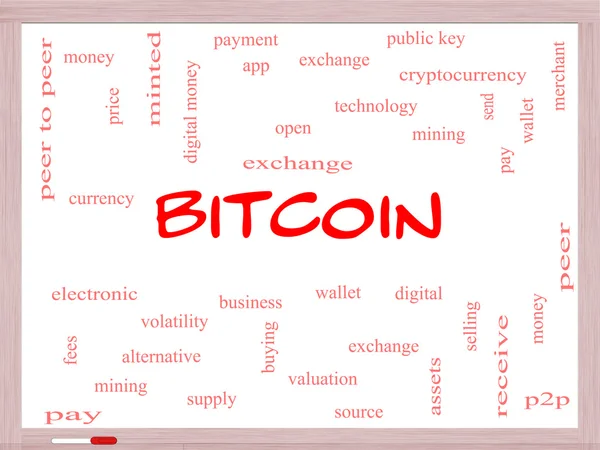 Bitcoin-Word-Cloud-Konzept auf einem Whiteboard — Stockfoto