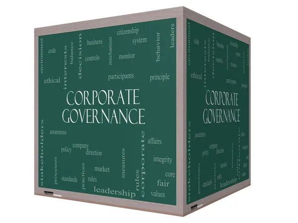 Corporate Governance Word Cloud Concept on a 3D cube Blackboard — Stock Photo, Image