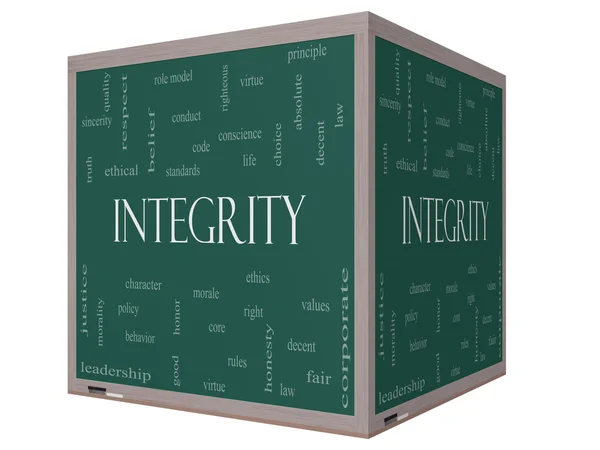 Integrity Word Cloud Concept on a 3D cube Blackboard — Stock Photo, Image