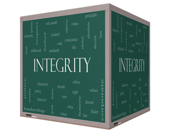 Integrity Word Cloud Concept on a 3D cube Blackboard