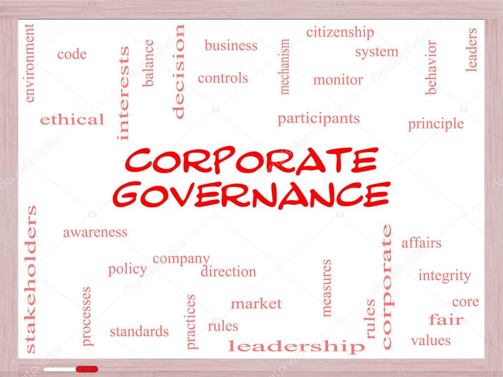 Corporate Governance Word Cloud Concept on a Whiteboard
