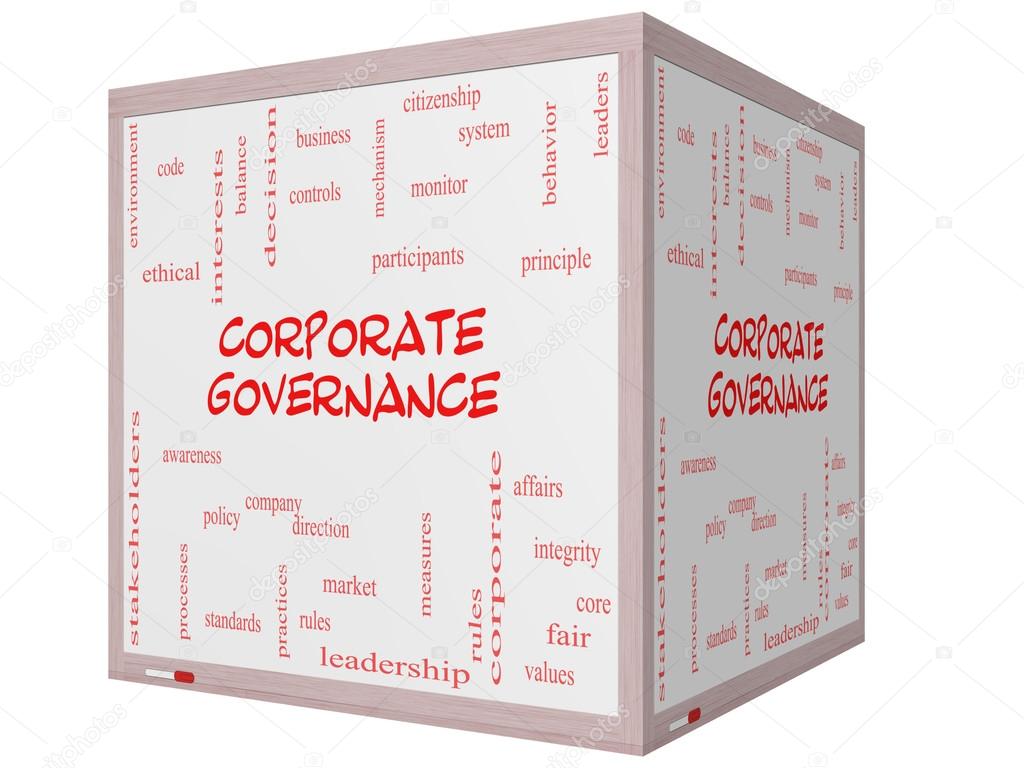Corporate Governance Word Cloud Concept on a 3D cube Whiteboard