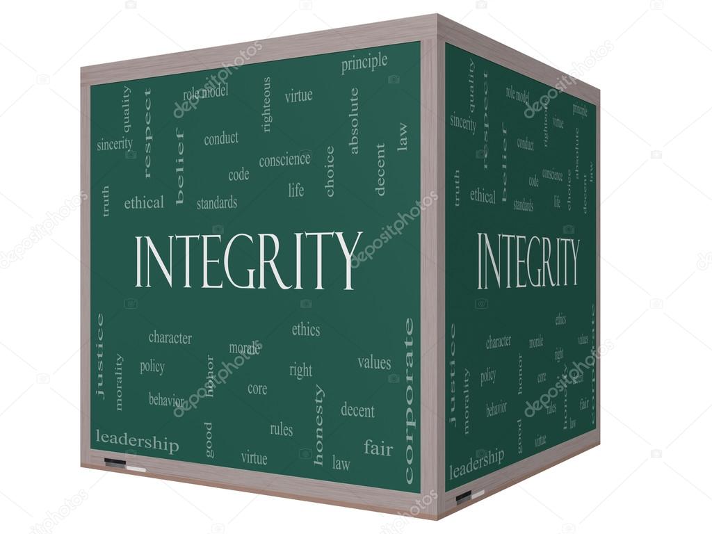 Integrity Word Cloud Concept on a 3D cube Blackboard