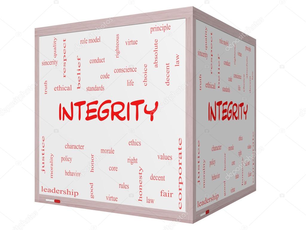 Integrity Word Cloud Concept on a 3D cube Whiteboard