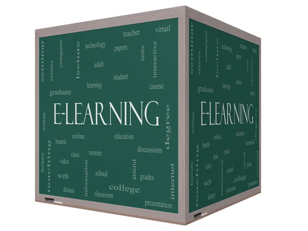 E-öğrenme kelime bulutu kavramı üzerinde bir 3d cube yazı tahtası — Stok fotoğraf