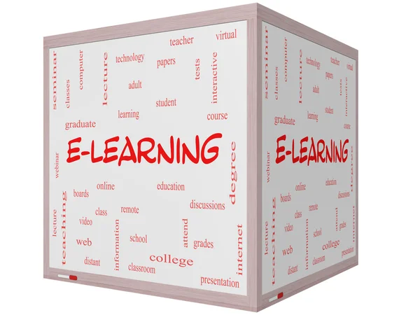 E-learning λέξη έννοια σύννεφο σε ένα 3d κύβος whiteboard — Φωτογραφία Αρχείου